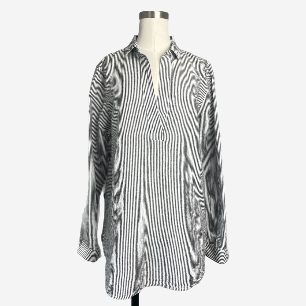 Jcrew Factory Linen black white stripe High-low tunic top beachy summer preppy S